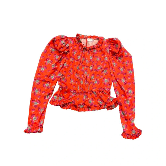 $1160 Magda Butrym Normandy Orange Silk Floral Peplum Mock Neck Trimmed Blouse 6 - Picture 7 of 13
